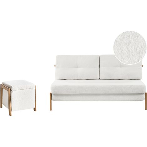 Conjunto de sala de estar sofá tapizado con función de cama y puf con almacenaje hierro bouclé blanco Edland (1/5)