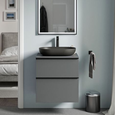 Waschtischunterschrank Bernstein LAVOA 60 cm für Aufsatzwaschbecken - Korpus Anthrazit matt, Metallgriff Chrom, Waschtischplatte Anthrazit matt (1/5)