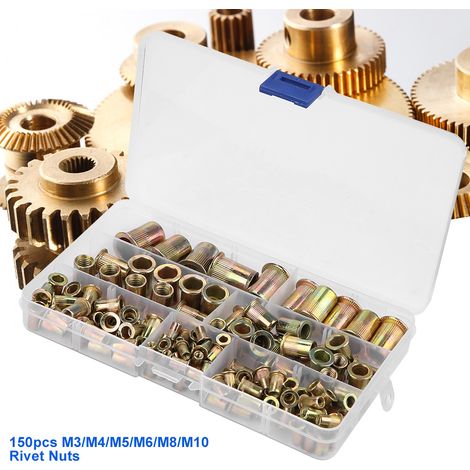 150 pièces écrous à riveter à tête plate filetés inserts M3/M4/M5/M6/M8/M10/M12 en acier au carbone pour fixation (1/5)