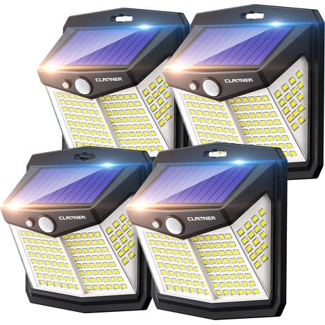 Lampes solaires d'extérieur puissantes (lot de 4, 128 LED) : étanches IP65, avec détecteur de mouvement et sans fil, idéales pour le jardin. (1/5)