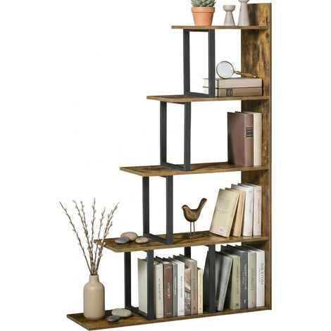 5-Tier Industrial Wooden Ladder Bookcase, Corner Display Shelf Organizer for Living Room & Indoor Use
