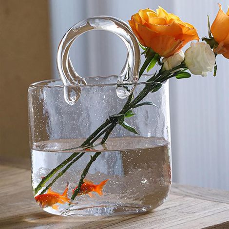 Geldbörse Vase für Blumen, Glasbeutel Vase mit Fischschale, Handtasche einzigartige Blumenvase dekorativ, klare Glasvase mit Griffen in Geldbörsenform für Dekor (1/4)