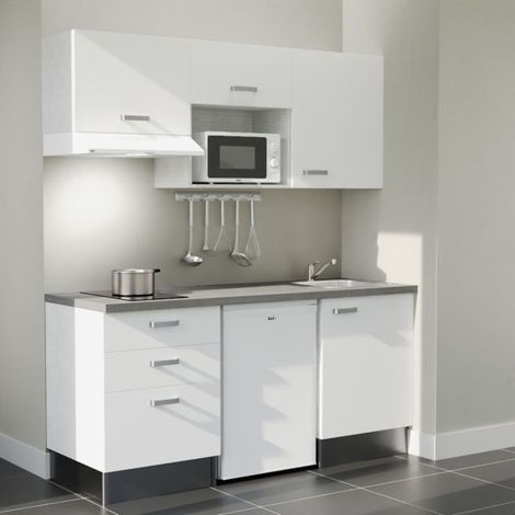 Kitchenette K20L-PT - 180 cm - plan stratifié, évier inox, - Façade Blanc - Plan Gris béton - Evier Inox - Crédences Non + Electroménager inclus coloris Blanc