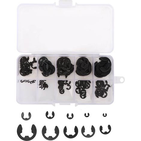Kit de 120 Circlips EClip Snap en Acier au Manganèse Noir, Anneaux de Retenue Ouverts, Taille 1.5-10mm, Boîté (1/5)