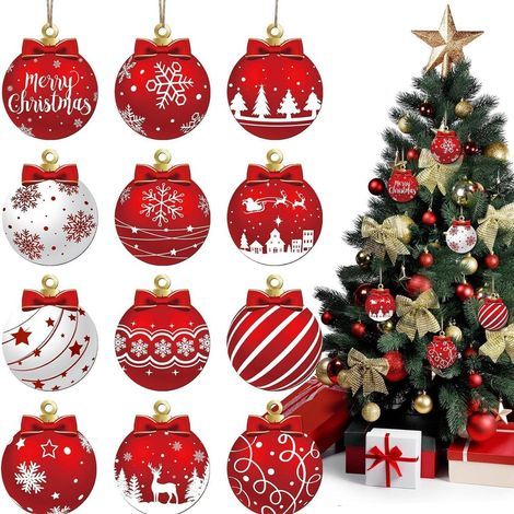Lot de 12 boules de Noël rouges et blanches à suspendre en bois - Décorations festives pour sapin de Noël avec flocons de neige, rennes et Père Noël