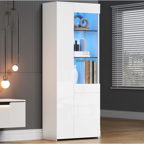 MEUBLIV Vitrine 70 x 35 x 180 cm Weiß – LED, 1 Schublade, 2 Schränke, Glasböden (1/5)
