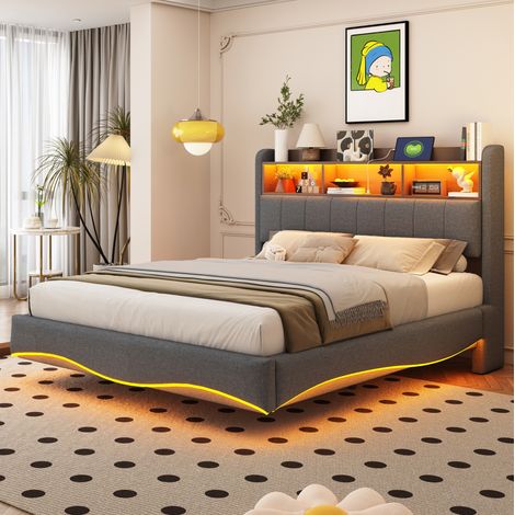 lit adulte rangement USB LED 140x200 gris design courbé OKMYHOME (1/5)