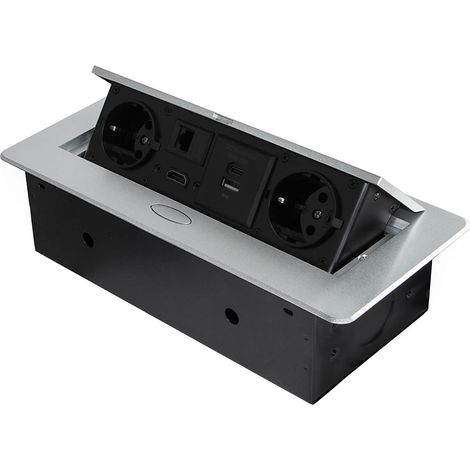 Bloc multiprise escamotable pour encastrer au Bureau, Bloc multiprise Plan de Travail (Prise EU Type F, USB A+C, RJ45 et HDMI), 265x120mm, Peint en Aluminium Gris Métallisé (1/5)