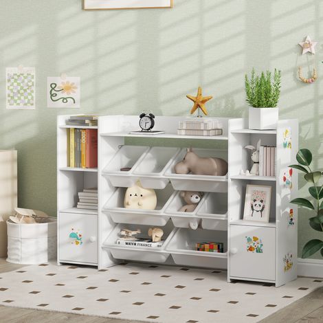 Mobile contenitore per bambini, scaffale porta giocattoli con 8 contenitori estraibili, 140 x 30 x 90 cm, bianco