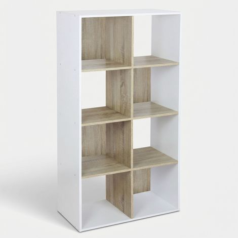 Estantería librería 8 compartimentos bicolor ahorra espacio diseño moderno Nivra - Blanco - Roble (1/4)