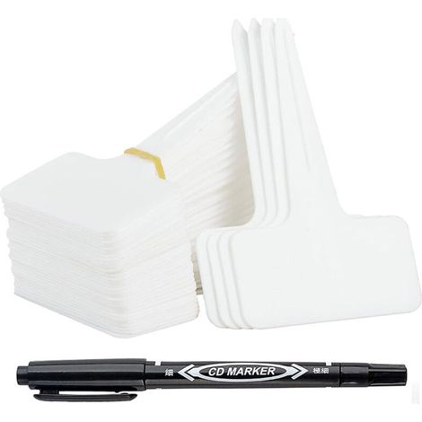 100 Étiquettes Jardin Extérieur Réutilisables - Marqueurs Plantes en Plastique Type T avec Stylo Étanche - Étiquetage Potager et Accessoires pour Plantes (Blanc) (1/4)