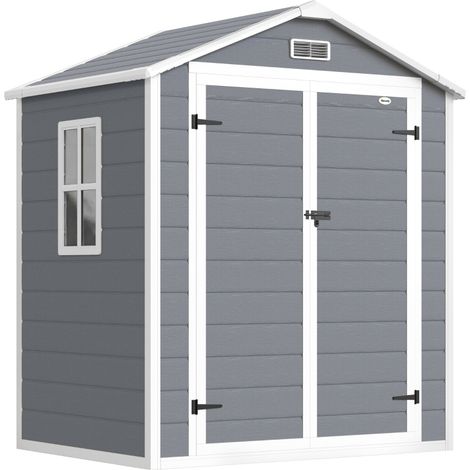 Caseta de jardín de metal con puerta doble y ventana, aluminio gris 183 x 134 x 210 cm (1/5)