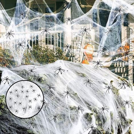 Décoration Halloween - Toile d'araignée 280 g - 1000 m² extensible - Avec 30 fausses araignées - Pour maison hantée intérieure et extérieure - Accessoire de fête (1/5)
