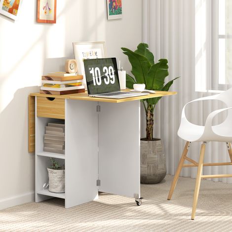 Table rétractable en chêne pour 2 à 4 convives, avec 2 rabats, tiroir et étagères, pliante et pratique. (1/5)