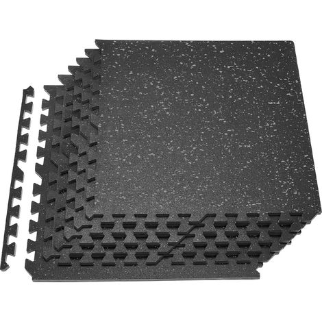Tapis de Sol Puzzle Fitness 6PCs 61x61x1,4 cm, Dalles en Mousse EVA Haute Densité, Protection de Sol pour Salle de Sport Gym Maison et Bureau, Dalles Emboîtables Noires avec Points Gris (1/5)