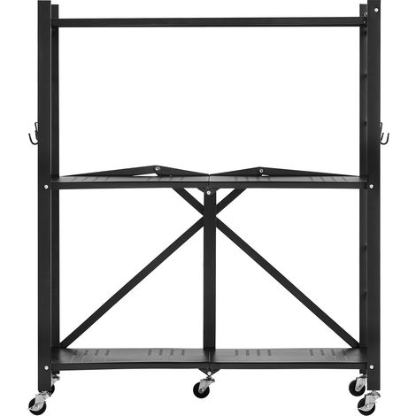 Mophorn Faltbares Lagerregal mit 3 Ebenen, 76,2 x 33 x 91,4 cm (B x T x H), Metallregal-Organizer, langlebiges Klappregal mit 5 Rädern und 4 Haken für Küche, Speisekammer, Garage, Keller, Schwarz