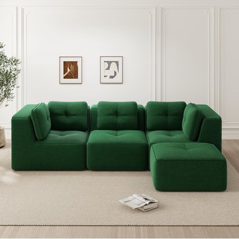 Sofá esquinero modular verde en pana de 3 plazas con otomana, sin montaje y asiento profundo (1/5)