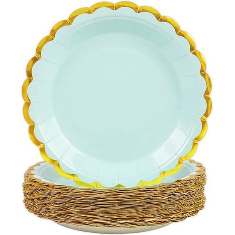 50 Assiette Jetable, Carton Festonné 18cm, Bleu Or, Alimentaire, Anniversaire Mariage (1/5)