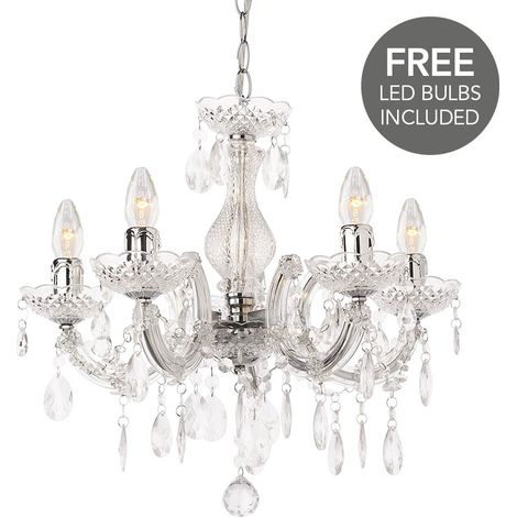Litecraft Marie Therese Chandelier Ceiling 5 Arm With Free LED Bulbs - Chrome