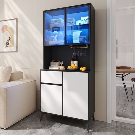 Tkopy - Vitrine en verre, Buffet haut Vitrine, Vitrine multifonctionnelle, Vitrine équipée d'un éclairage LED, Vitrine sur pied, Vitrines de salle à manger, Vitrines de salon, 80x40x160 cm, blanc+noir (1/5)