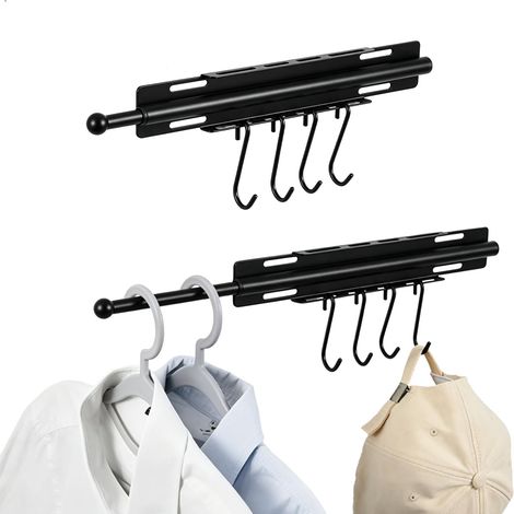 Tringle à Vêtements Extensible 32-57 CM, Tringle Télescopique Acier Carbone Pour Armoire Et Mur, Tringle à Vêtements Peu Encombrante Avec Crochets pour Armoire Pour Organiser Vos Vêtements, Noir (1/5)
