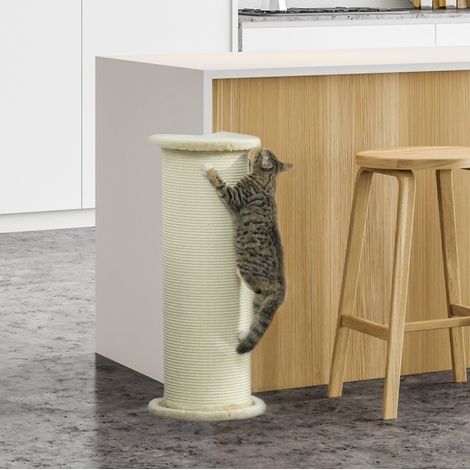 Tiragraffi angolare per gatti 35x35x85 cm, con corda in sisal, base stabile, legno, bianco crema (1/5)