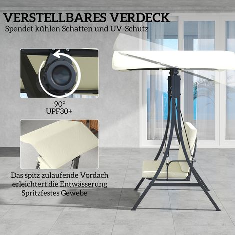 Balancelle balançoire Hollywood avec store inclinable réglable et coussin de siège, 2 personnes jusqu'à 220 kg, 150 x 120 x 182 cm, blanc crème (1/4)