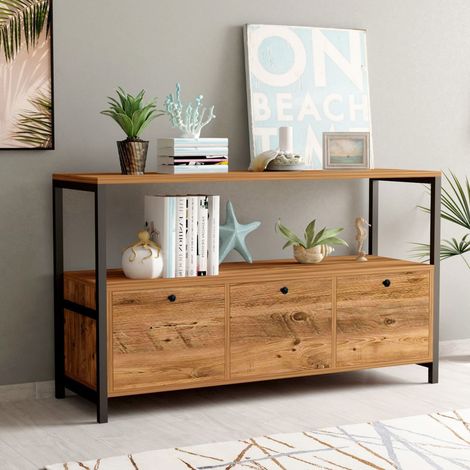 Credenza Amiterno, Madia 4 Vani, 3 Ante, Apertura a Ribalta, 120x30x75h cm Marrone Rovere (1/5)