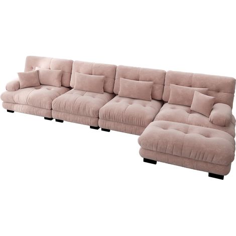 ELVMI Sofá esquinero modular 4 plazas con otomana móvil y cojines, en Chenilla, Rosa (1/5)