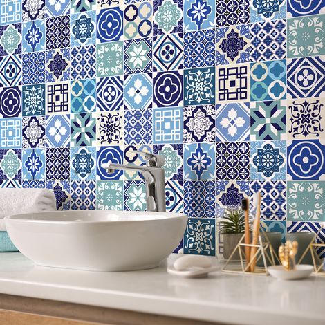 Sticker Mural Carrelage adhésif Cuisine Salle de Bain - 24 STICKERS CARREAUX DE CIMENT GRECITO - 24stickers15x15cm (1/5)
