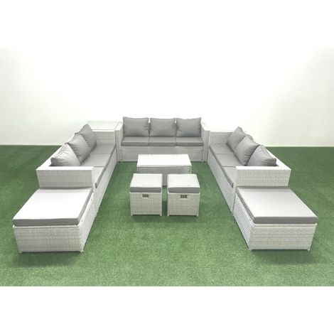 Fimous 9 Stücke Rattan Gartenmöbel Set Garten Sofa Couchtisch Set mit Beistelltisch 4 Hockern Hellgrau gemischt (1/5)