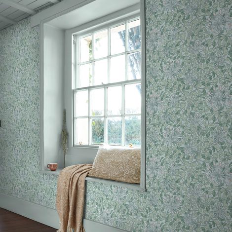 Papier peint intissé William Morris Honeysuckle Breeze 1005 x 52cm Vert d'eau, blanc cassé (1/5)