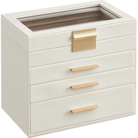 Schmuckkästchen, 4-stöckige Aufbewahrungsbox, Glasdeckel, 3 Schubladen, für Sonnenbrillen [NX] (1/5)