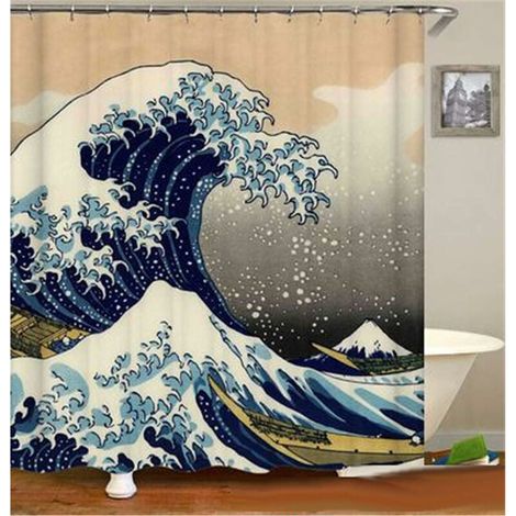 Cortina de ducha Crediri con diseño de olas japonesas, tela náutica Kanagawa Wave, decoración de baño con ganchos, impermeable y lavable (1/3)