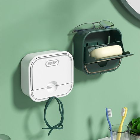 Porte-savon mural sans perforation, avec bonde et clapet, pour salle de bain, vert foncé. (1/5)