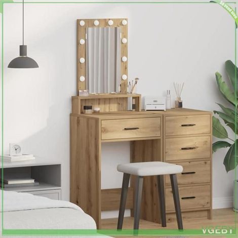 Table de maquillage - Marron - Bois d'ingénierie - Éclairage LED - Miroir plan (1/5)