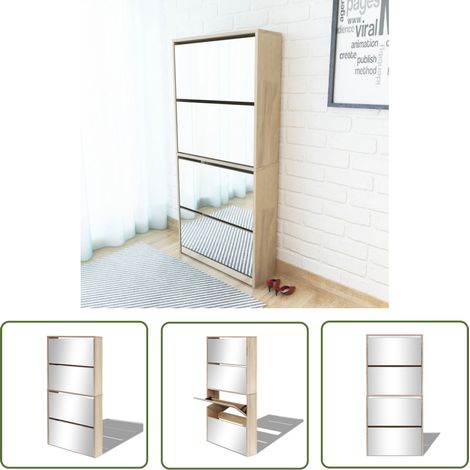 The Living Store Schuhschrank mit 4 Fächern Spiegel Eiche 63×17×134 cm - Spiegel-Schuhschrank - Schuhschrank - Flurmöbel - Schuhregal - Schuhorganisation (1/5)