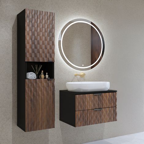 Doppelwaschtisch und Hängesäule 63cm Nevia mit 2 Schubladen, Holzoptik und Schwarz