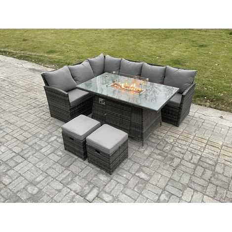 Fimous Ensemble de mobilier de jardin d'extérieur Canapé d'angle à dossier haut Table avec foyer à gaz avec 2 Petits repose-pieds 8 places Gris foncé mélangé (1/5)