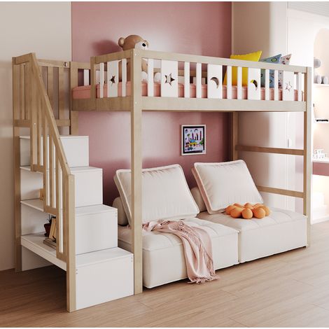 Lit mezzanine 90x200 en bois massif avec rangements HAVRYA (1/5)