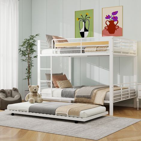 Lit superposé 140 x 200 cm en métal avec lit gigogne, couchage 3 personnes, convertible en deux lits, échelle et barrières de sécurité, blanc (1/5)
