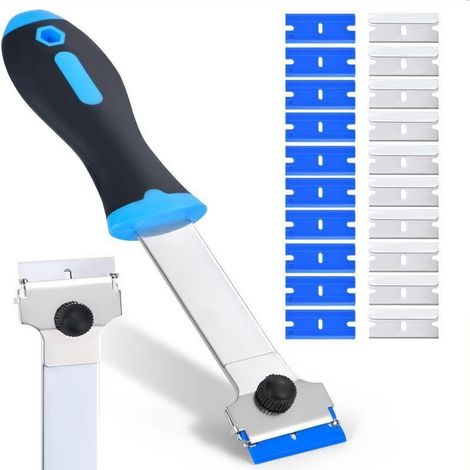 Spatule de nettoyage à long manche (incluant 10 lames de rechange en métal et 10 lames de rechange en plastique), idéale pour le nettoyage des plaques de cuisson, des peintures, du carrelage et des vi (1/5)