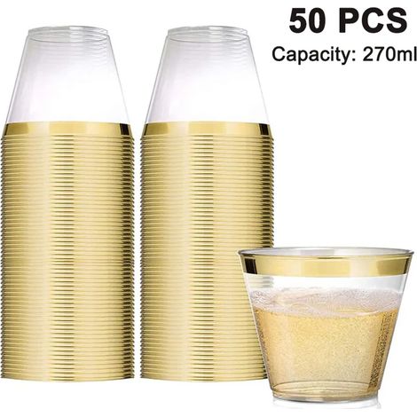 50 unidades - Vasos de plástico de 9 oz, vasos de plástico resistentes con borde desechables para bodas, taza de fiesta de cumpleaños (1/5)