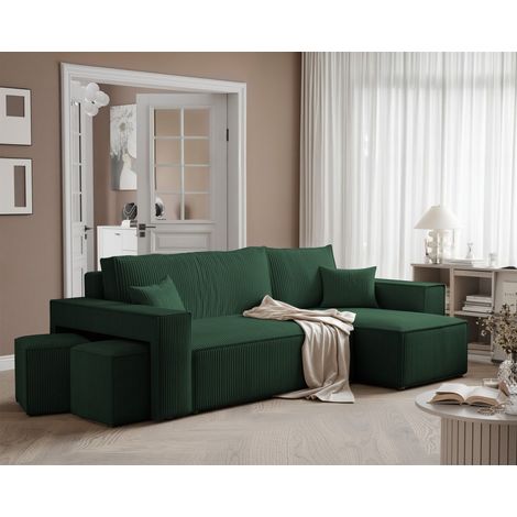 Ecksofa Schlafsofa Sofa ADARA inkl. Hocker Stoff Poso Grün Ottomane Rechts
