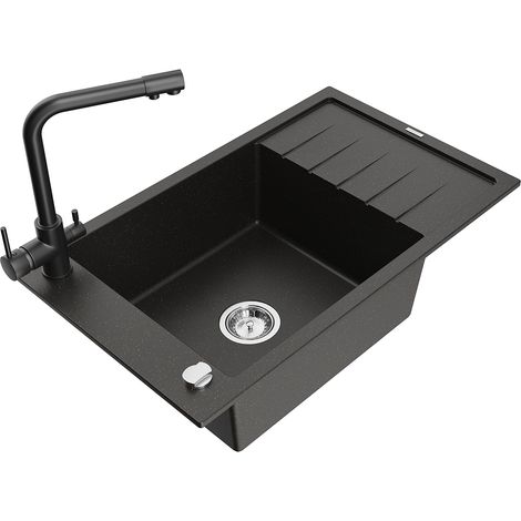 Mexen Elias fregadero de granito de 1 seno con escurridor y grifo de cocina Duero, negro/dorado metálico - 6511-75-671600-70 (1/5)