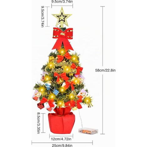 Artificial Christmas Tree with LED String Lights, 55 cm Mini Table Christmas Tree Small Christmas Tree with Pot, Red Cloth and Ornaments Christmas Decor for Table and Office (1/5)