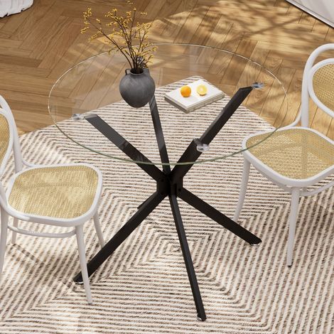 Esstisch für 1 bis 4 Personen, Rund mit Verstellbaren Füßen, Modern, aus Glas und Metall, 90×90×78 cm, Schwarz