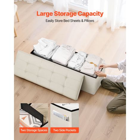 Banc de rangement pliable en lin, coffre de rangement rembourré avec poches latérales, banquette rabattable charge de 299,37 kg, pouf de bout de lit, pour salon, chambre à coucher, entrée, beige (1/5)