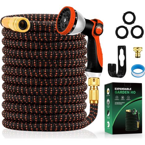 15m Expandable Garden Hose with 10 Jets Spray Gun and Fittings Flexible Hose for Taps 1/2 Inch and 3/4 Inch Metal Connections, Garden Hose for Garden, Watering, Cleaning (50 Feet, Orange) (1/5)