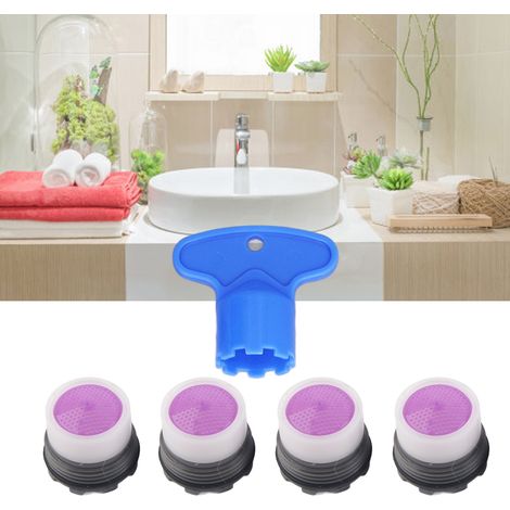 Ensemble de 5 aérateurs de robinet M16,5 mm avec clé. Aérateurs de remplacement à insérer pour robinet de salle de bain ou de cuisine. Débit : 1,2 GPM. (1/5)